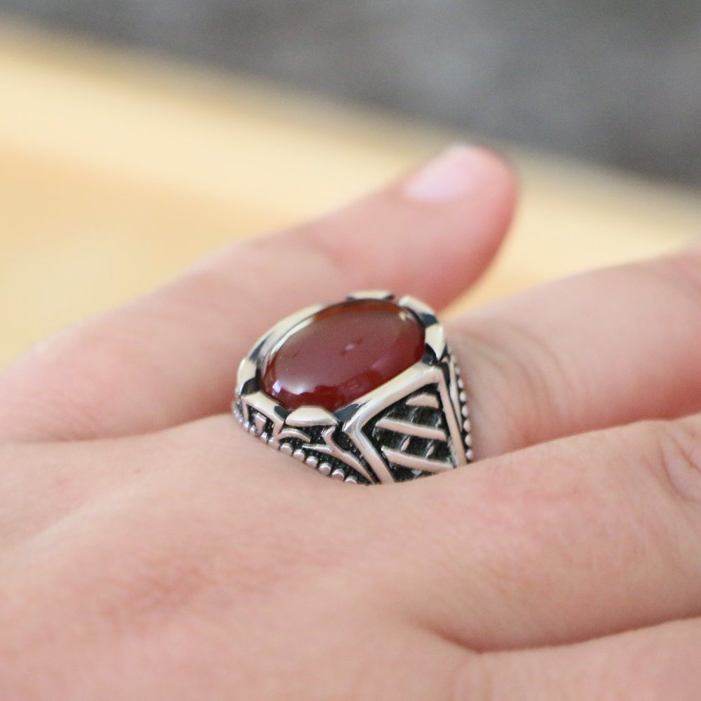 925 Sterling Silver Men's Ring Natural Red Agate - Picture 2 of 11